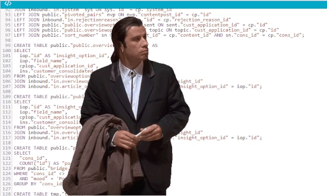 Confused John Travolta in front of some SQL code