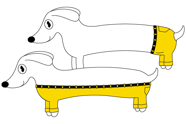 An illustration showing two dogs wearing trousers; one wears them on it's hind legs, one on all four legs.